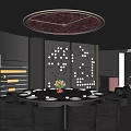 Private Dining Room Interior With Round Table Black Leather Chairs And Red Floral Ceiling Light