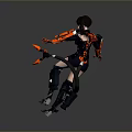 Futuristic Female Character In Black Outfit With Orange Mechanical Arms And Tail On Gray Background
