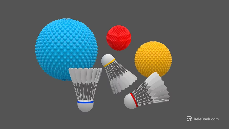 Collection of Blue Spiky Ball Red Yellow Balls and White Badminton Shuttlecocks 3d model 