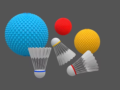 Collection of Blue Spiky Ball Red Yellow Balls and White Badminton Shuttlecocks 3d model