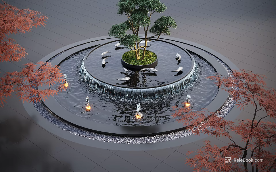 Circular Water Fountain Featuring Central Tree Swan Sculptures Illuminated Lights and Red Maple Trees 3d model 
