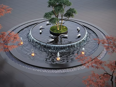 Circular Water Fountain Featuring Central Tree Swan Sculptures Illuminated Lights and Red Maple Trees 3d model