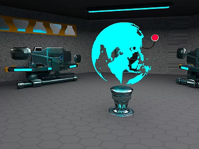 Futuristic Sci Fi Chamber With Blue Holographic Globe On Pedestal Hexagonal Tiles And Tech Equipment 3d model