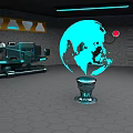 Futuristic Sci Fi Chamber With Blue Holographic Globe On Pedestal Hexagonal Tiles And Tech Equipment