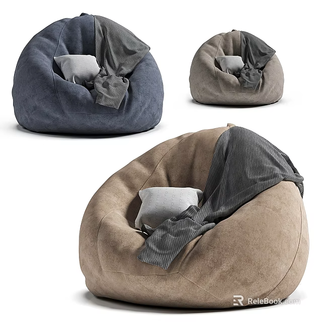 Plush Blue and Brown Bean Bag Chairs with Throw Blanket and Accent Pillow 3d model 