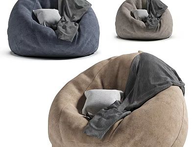 Plush Blue and Brown Bean Bag Chairs with Throw Blanket and Accent Pillow 3d model