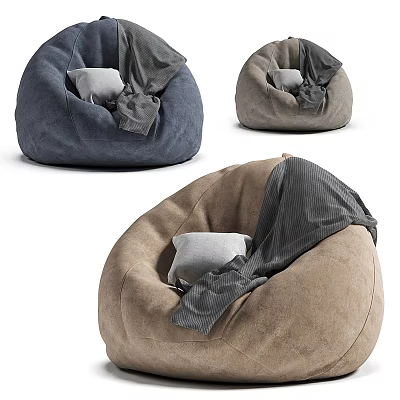 Plush Blue and Brown Bean Bag Chairs with Throw Blanket and Accent Pillow 3d model