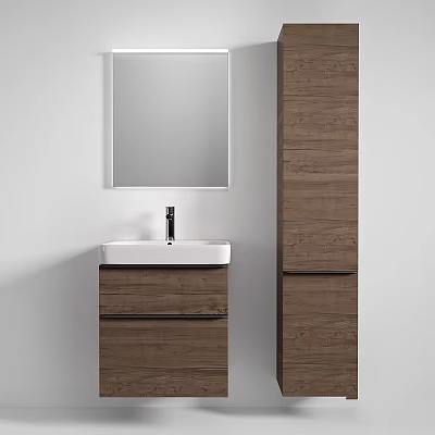 Modern Bathroom Washbasin With Wooden Cabinet Mirror Storage And White Basin 3d model