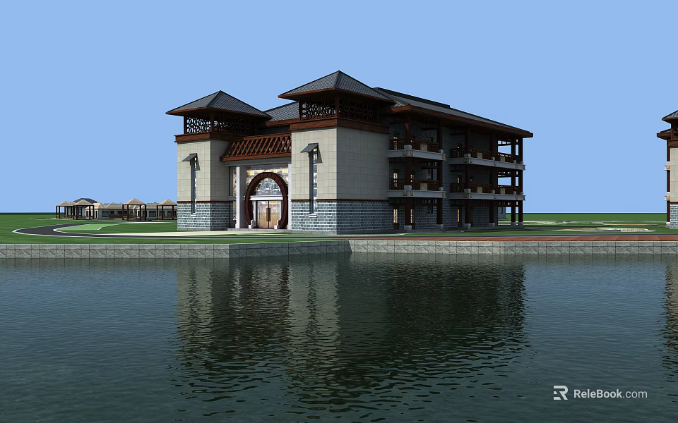 Ancient Chinese Architecture By Water With Traditional Roof Symmetric Lamp Posts And Reflection 3d model 