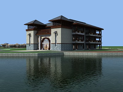 Ancient Chinese Architecture By Water With Traditional Roof Symmetric Lamp Posts And Reflection 3d model