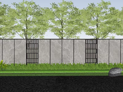 Landscape Wall Design With Gray Stone Panels Black Grilles Green Trees Lawn And Stone Accent 3d model