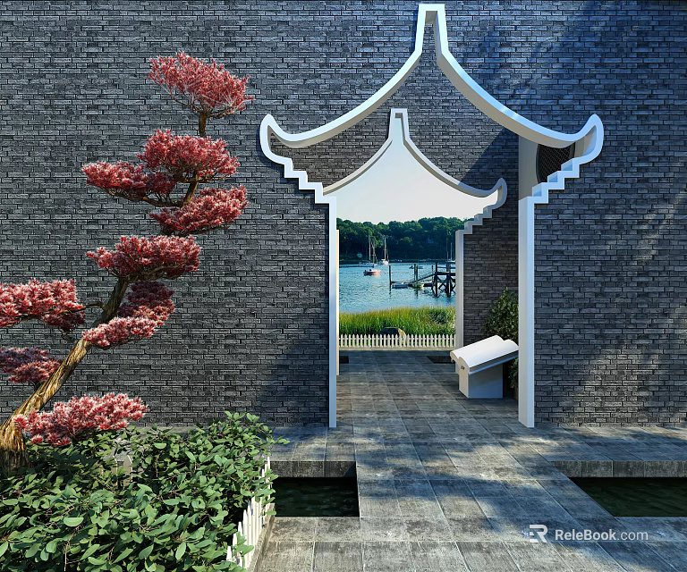 Classic Archway In Gray Brick Wall With Red Flowering Tree Stone Bench And Water View 3d model 