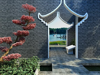 Classic Archway In Gray Brick Wall With Red Flowering Tree Stone Bench And Water View 3d model