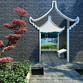 Classic Archway In Gray Brick Wall With Red Flowering Tree Stone Bench And Water View