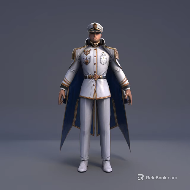 Man in White Military Uniform with Blue Cape Golden Belt and Epaulets 3d model 