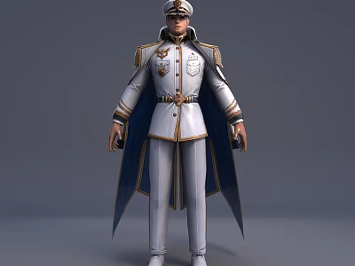Man in White Military Uniform with Blue Cape Golden Belt and Epaulets 3d model