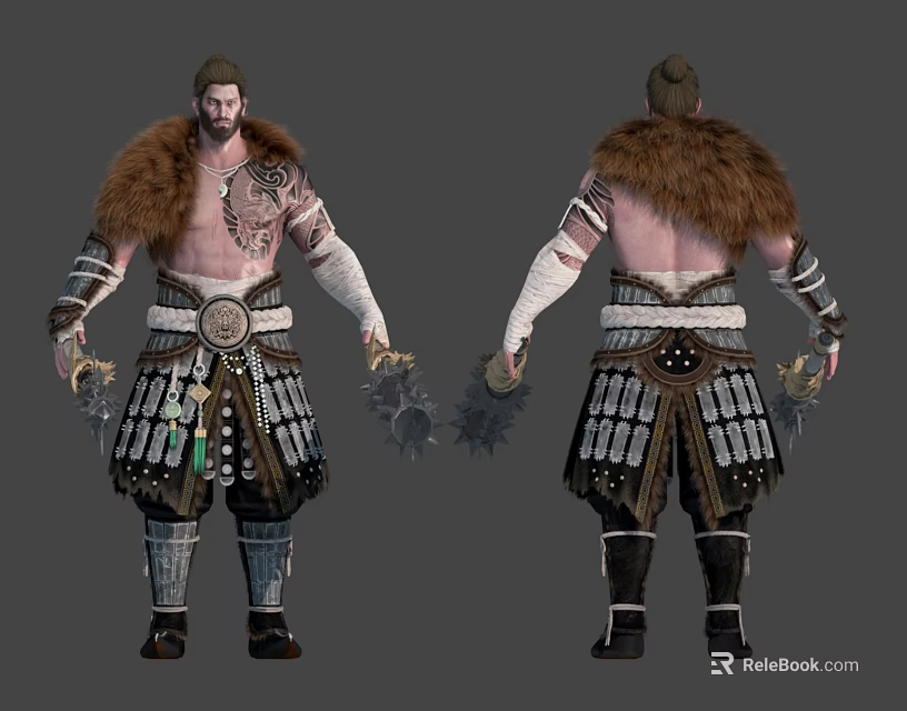 Mythical Warrior Character With Detailed Fur Cloak Tattoos And Beast Claw Weapons Front Back View 3d model 