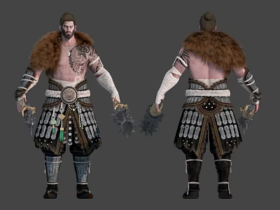 Mythical Warrior Character With Detailed Fur Cloak Tattoos And Beast Claw Weapons Front Back View 3d model
