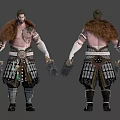 Mythical Warrior Character With Detailed Fur Cloak Tattoos And Beast Claw Weapons Front Back View