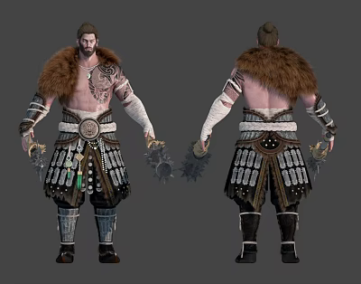 Mythical Warrior Character With Detailed Fur Cloak Tattoos And Beast Claw Weapons Front Back View 3d model