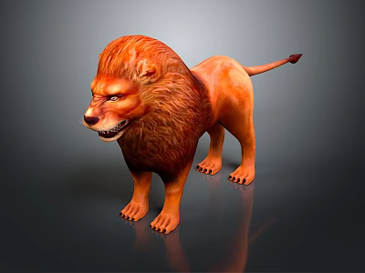 Orange Lion Model Featuring Realistic Mane In Standing Posture On Dark Background With Reflection 3d model
