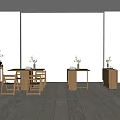 Minimalist Dining Table Set With Wooden Chairs Side Tables And Vases In White Room
