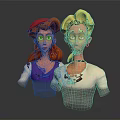 Cartoon Character Portraits With Red And Blonde Hair In Purple And White Outfits