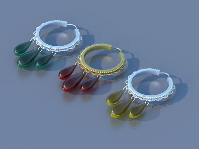 Elegant Teardrop Pendant Earrings In Green Red Yellow With Silver Gold Hoop Design 3d model