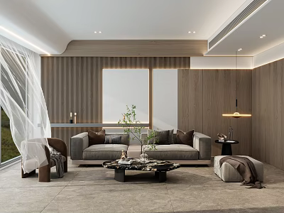 Modern Living Room Cream Log Rock Board Light Strip Shape Sofa Wall 3d model
