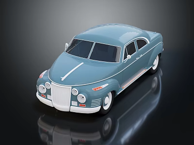Blue Vintage Classic Car with Streamlined Body and White Wheels on Reflective Surface 3d model