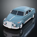 Blue Vintage Classic Car with Streamlined Body and White Wheels on Reflective Surface