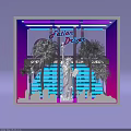 Fashion District Window Display With Neon Lights Statue of Liberty Palm Trees Blue Lit Background