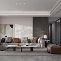 Modern Elegant Living Dining Open Concept Interior With Gray Sofa Marble TV Wall