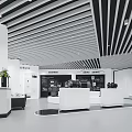 Modern Exhibition Hall with Striped Ceiling Wall Charts Display Platforms and Black Equipment
