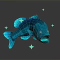 Blue Fish 3D Model With Green Stars On Dark Background And Reflective Surface