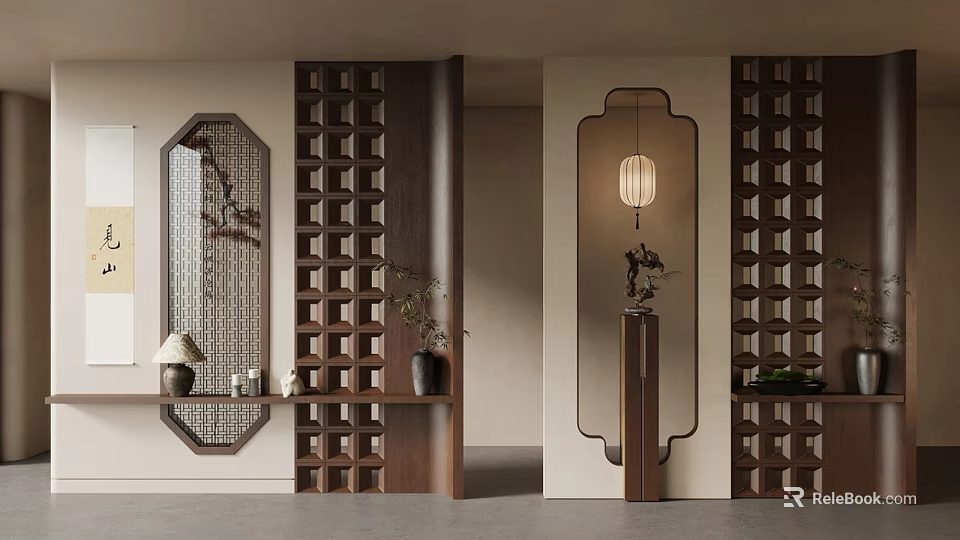 Traditional Chinese Wooden Lattice Room Divider With Lantern Lamp Potted Plant And Shelf 3d model 