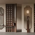 Traditional Chinese Wooden Lattice Room Divider With Lantern Lamp Potted Plant And Shelf