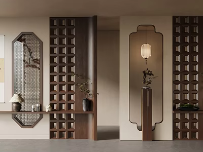 Traditional Chinese Wooden Lattice Room Divider With Lantern Lamp Potted Plant And Shelf 3d model