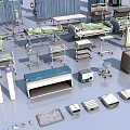 Diverse Medical Equipment Assortment Featuring Surgical Tables Instrument Stands And Trays