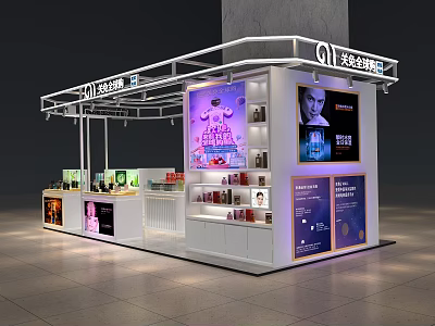 Modern Beauty Kiosk Interior Design with Shelves Display Posters and Lighting 3d model