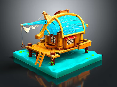 Cartoon Scene of Floating Wooden House with Blue Roof on Water Platform and Ladder 3d model