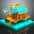 Cartoon Scene of Floating Wooden House with Blue Roof on Water Platform and Ladder
