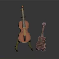 Home Living Violin on Stand and Small Guitar Display on Gray Background