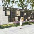 Brown Lattice Garden Wall With Square Decorative Plaques Purple Yellow Flower Beds And Girl Pointing