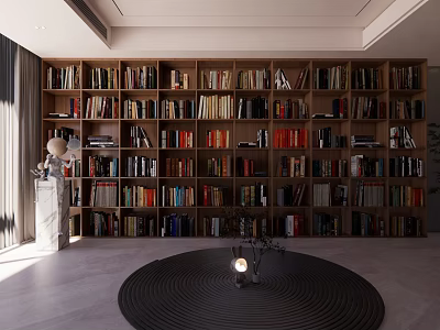 Modern Living Room Interior Design With Large Wooden Bookshelf And Books 3d model
