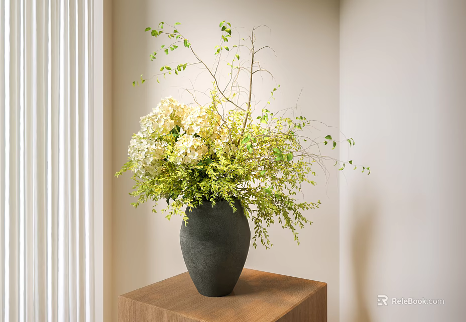 Gray Ceramic Vase With White Hydrangeas And Green Foliage In Minimalist Room On Wooden Table 3d model 