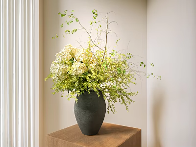 Gray Ceramic Vase With White Hydrangeas And Green Foliage In Minimalist Room On Wooden Table 3d model