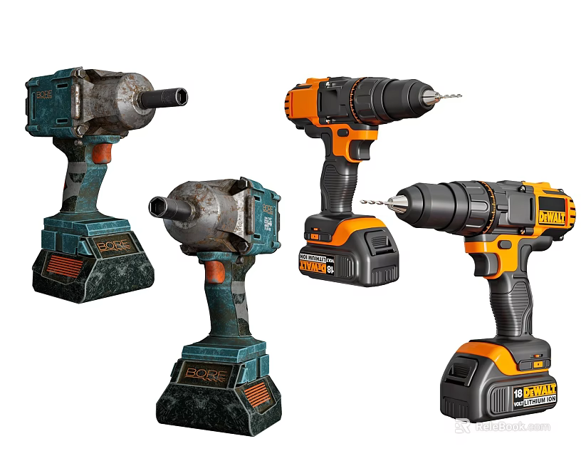 Industrial Professional Cordless Power Drills Different Models Blue Orange Design And Battery Base 3d model 