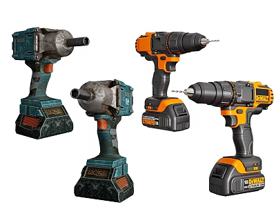 Industrial Professional Cordless Power Drills Different Models Blue Orange Design And Battery Base 3d model