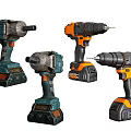 Industrial Professional Cordless Power Drills Different Models Blue Orange Design And Battery Base